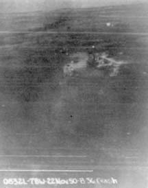 Aerial view of the smoldering wreckage of B-36B, 44-92035 