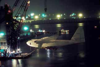 Hughes Flying Boat move to Pier J in February 1982
