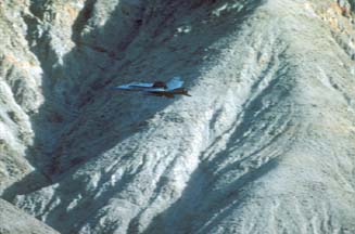 F/A-18A of VA-22 cruises up the Eureka-Saline Corridor, December 12, 1990