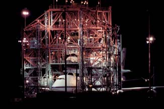 Space Shuttle Discovery on 747 Shuttle Carrier Aircraft in Mate/Demate Device, November 2, 2000