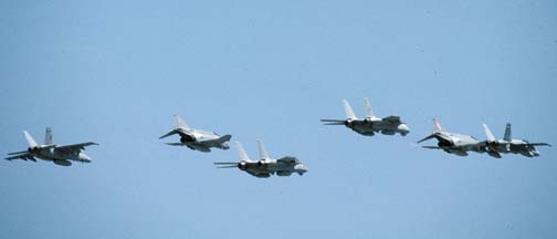 Grumman F-14D Tomcats, VX-30 #201 and #210, McDonnell-Douglas QF-4S+ Phantom II, 
155749, VX-30 #124 and 153832, VX-30 #126, Boeing-McDonnell-Douglas F/A-18E Super Hornet, VX-30 #01, 
and McDonnell-Douglas F/A-18C Hornet, VX-30 #103