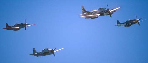 Douglas A-1H, NX39606; North American P-51D, N151AF; P-51D, N2580, and T-28B, N2206G