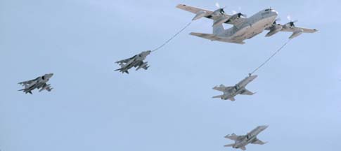 Lockheed KC-130T Hercules, 164999 of VMGR-234 with a pair of AV-8B Harriers of VMA-214 and a pair of F/A-18C Hornets of VMFA-232