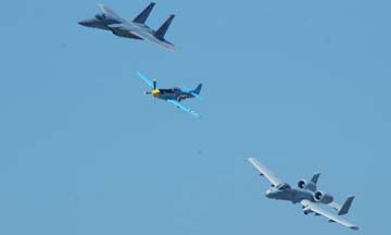 F-15C Eagle 78-549, P-51D Mustang N2580 Six Shooter, and A-10A Warthog, 80-173