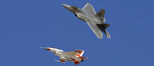 Lockheed-Martin F-22A EMD Raptor, 91-4009 and General-Dynamics F-16B Fighting Falcon Block 15AR, 92-0453 of the 412th Test Wing