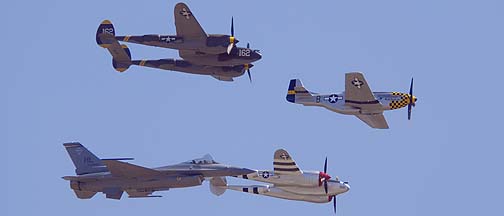 North American P-51D Mustang NL7TF Double Trouble Two, Lockheed P-38L Lightning NL7723C,  Lockheed P-38J Lightning NX138AM 23 Skidoo, and General Dynamics F-16C Block 40C Fighting Falcon 88-0457