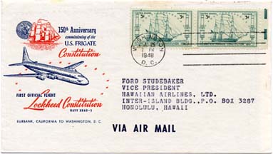 Postal cover carried by the Lockheed R6O Constitution on it's first official flight
